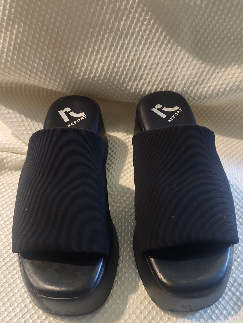 Report Black Fabric Wide-Strap Slide Sandals